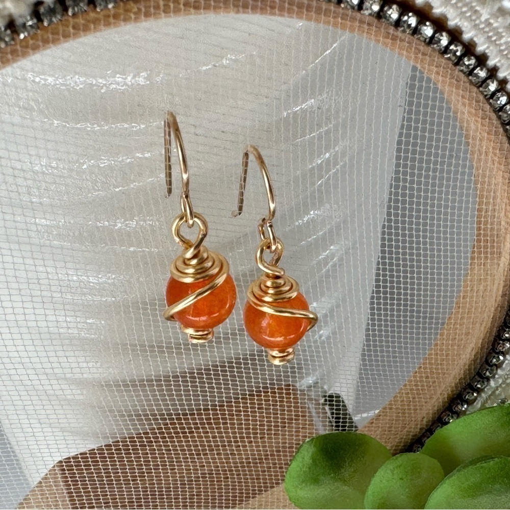 Artisan Wire Wrap Tangerine Jade Dangle Earrings In Gold